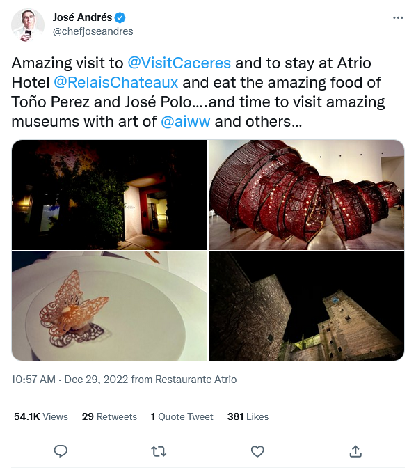 Imagen de un tuit de José Andrés sobre su visita a Cáceres.