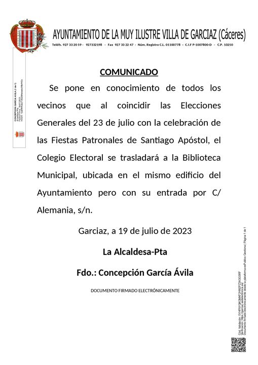 cambio colegio electoral en Garciaz por las elecciones generales