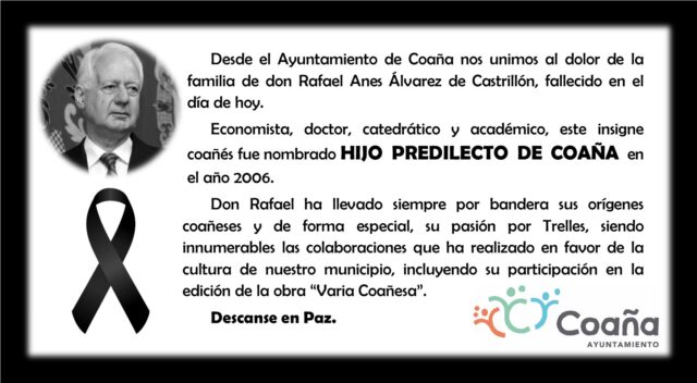 Mensaje de condolencias del Ayuntamiento de Coaña por la muerte de Rafael Anes, al que nombró Hijo Predilecto en 2006. (Ayuntamiento de Coaña)
